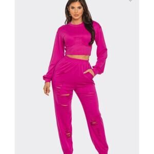 Love J 2-Piece Sweatsuit Pink Sweatshirt + Sweatpants Underwire Size M